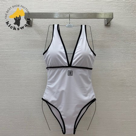 Chanel White V-Neck One-Piece Swimsuit