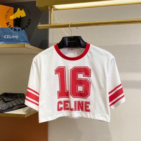 Celine 16 Cropped T-Shirt In Cotton Jersey Off White/Red Intense