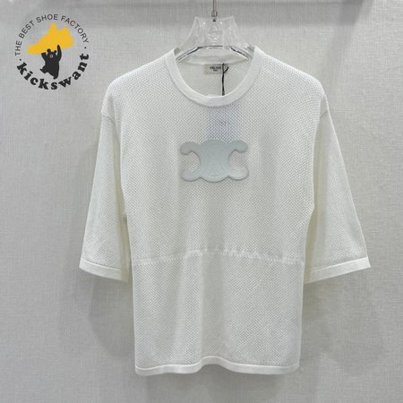 Celine Triomphe Perforated T-Shirt In Plonge Lambskin Optic White