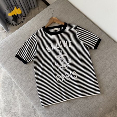 Celine Anchor Striped Jersey 70s Style T-Shirt Fluorescent White/Black