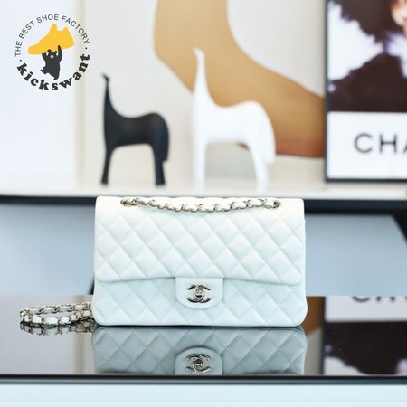 Chanel Classic Flap Shoulder Bag White Silver