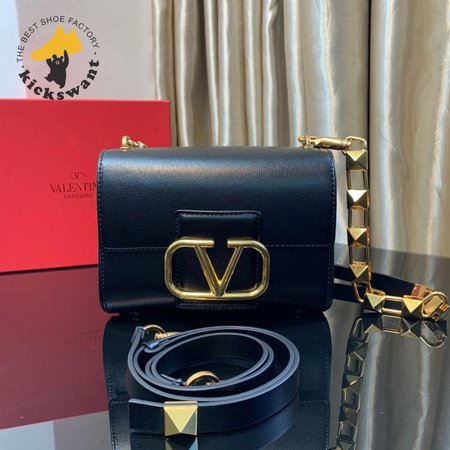 Valentino Garavani Stud VLOGO Grainy Calfskin Shoulder Bag in Black