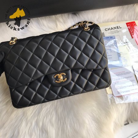 Chanel Classic Double Flap Quilted Lambskin Gold-tone Jumbo Black