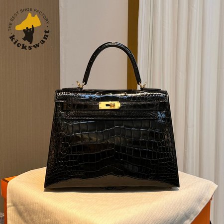 Hermes Kelly 25 HSS Sellier Black Shiny Alligator Brushed Gold Hardware